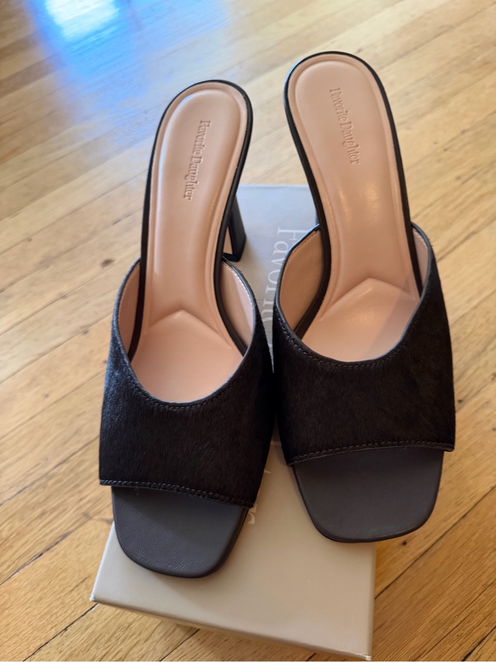 Favorite Daughter Black Haircalf Open-Toe Mule with padded Insole